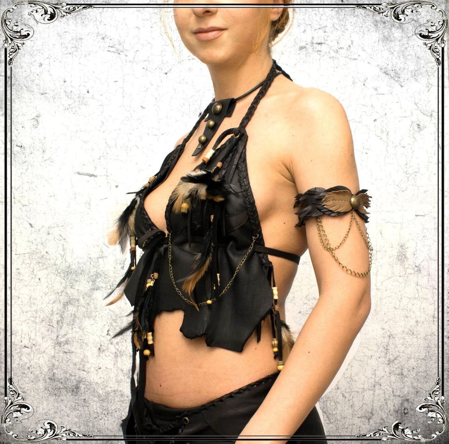 Feather Leather Crop Top: Apocalyptic Tribal Bra Bodice