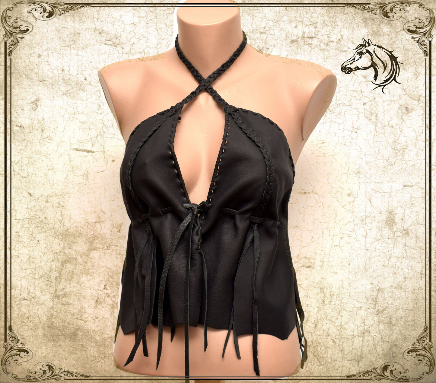 Black Leather Halter Bra Top: Apocalyptic crop top, Cosplay vest
