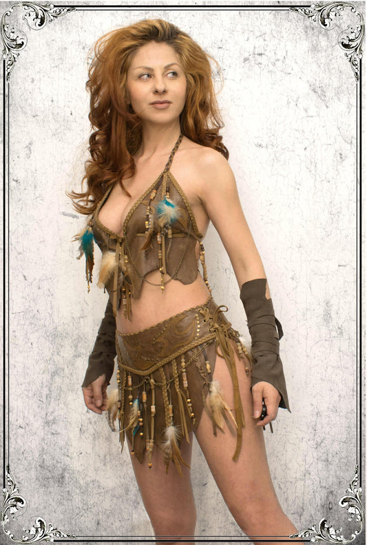 Festival Leather Outfit: Bra Top, Skirt, Arm Bands, Armlet