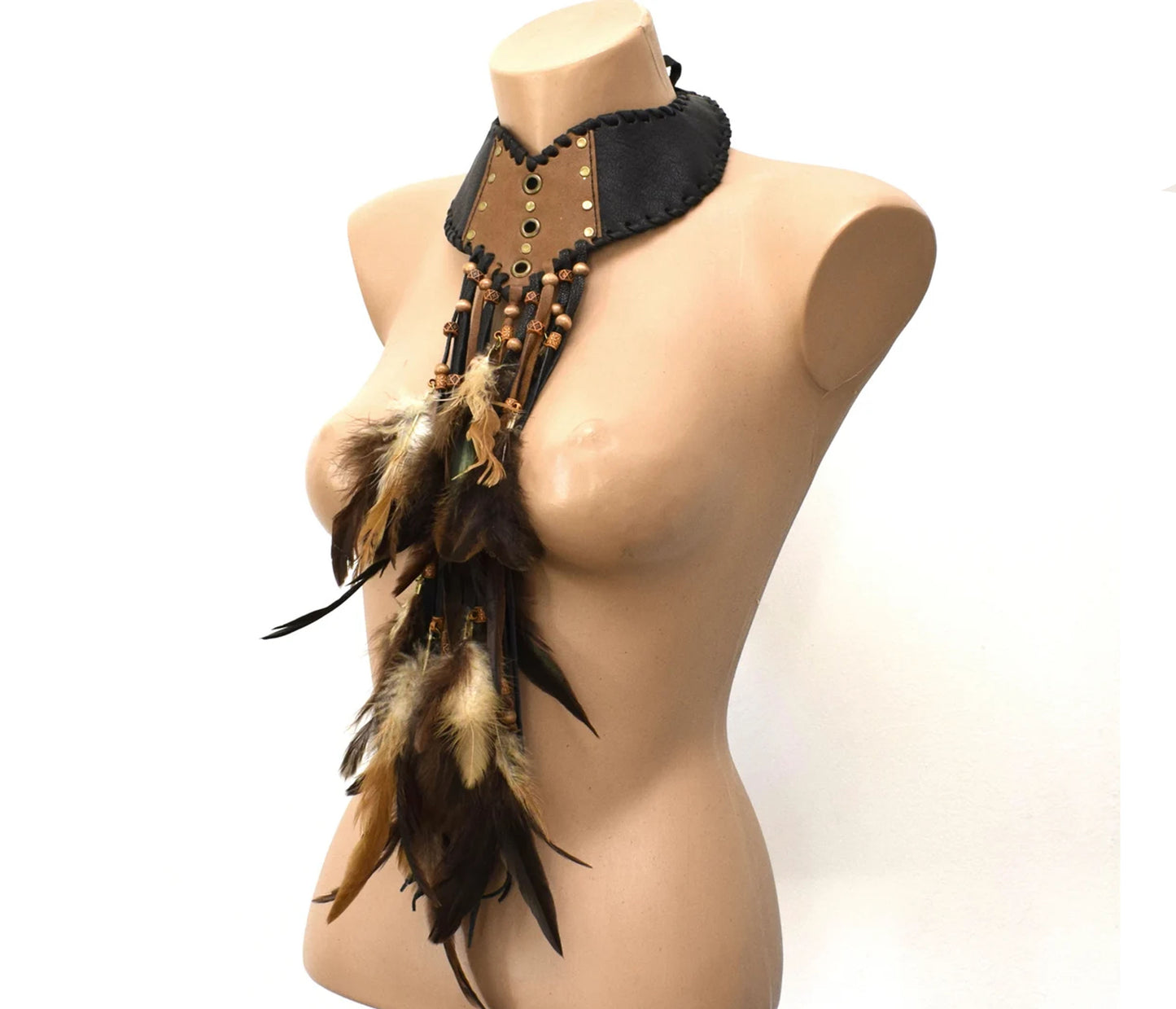 Soft Leather Festival fringed choker, Fantasy feather scarf