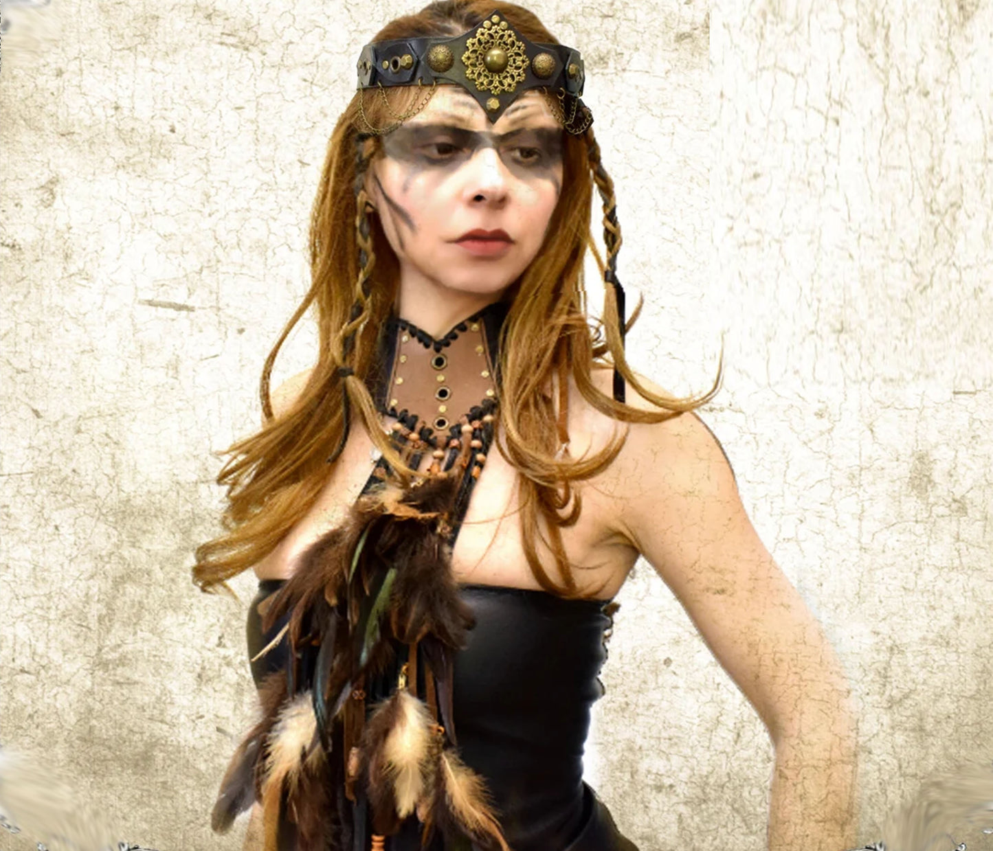 Soft Leather Festival fringed choker, Fantasy feather scarf