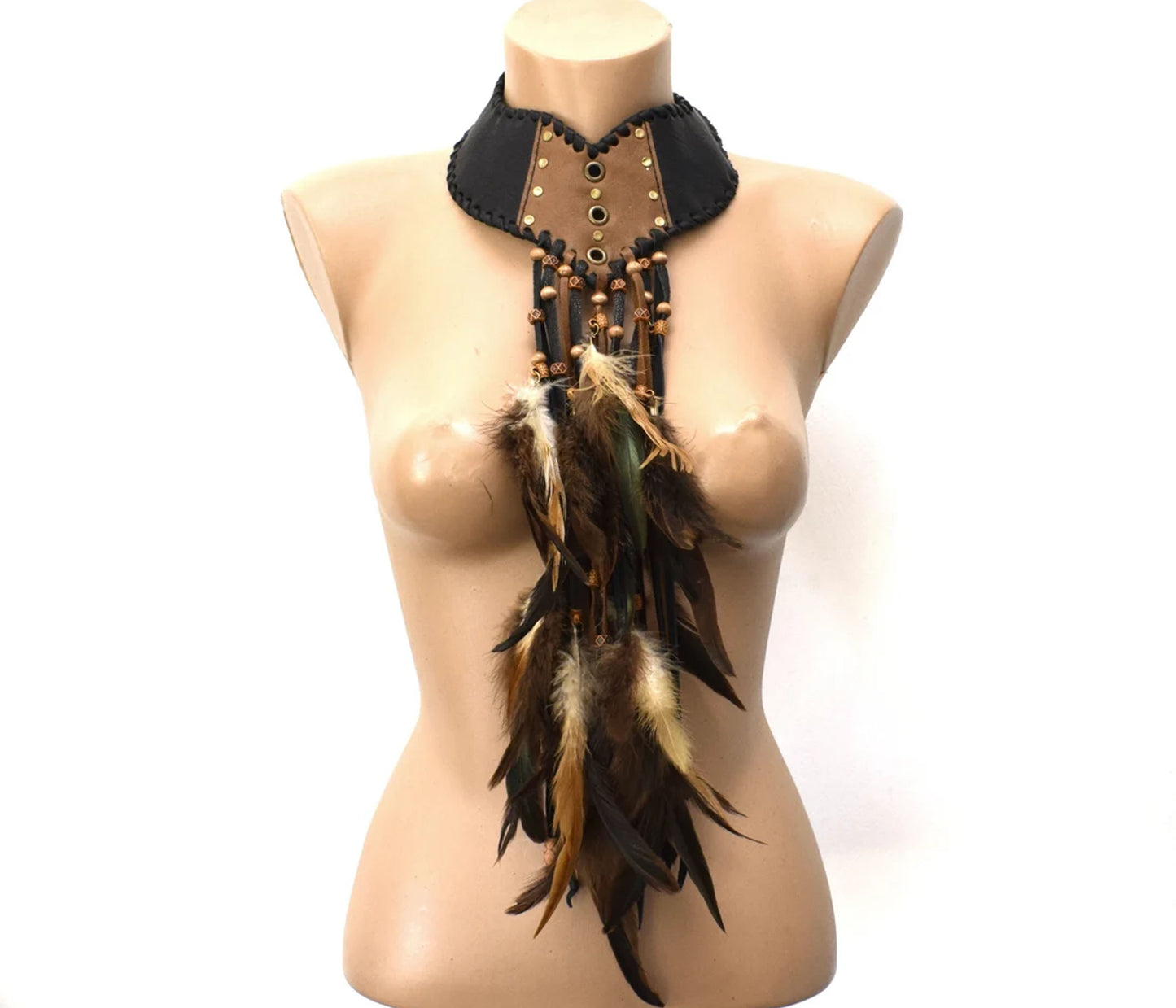 Soft Leather Festival fringed choker, Fantasy feather scarf