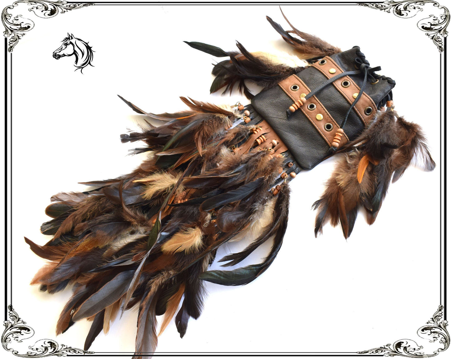 Leather Belt Pouch with Feathers: Shaman Viking Dance Bag