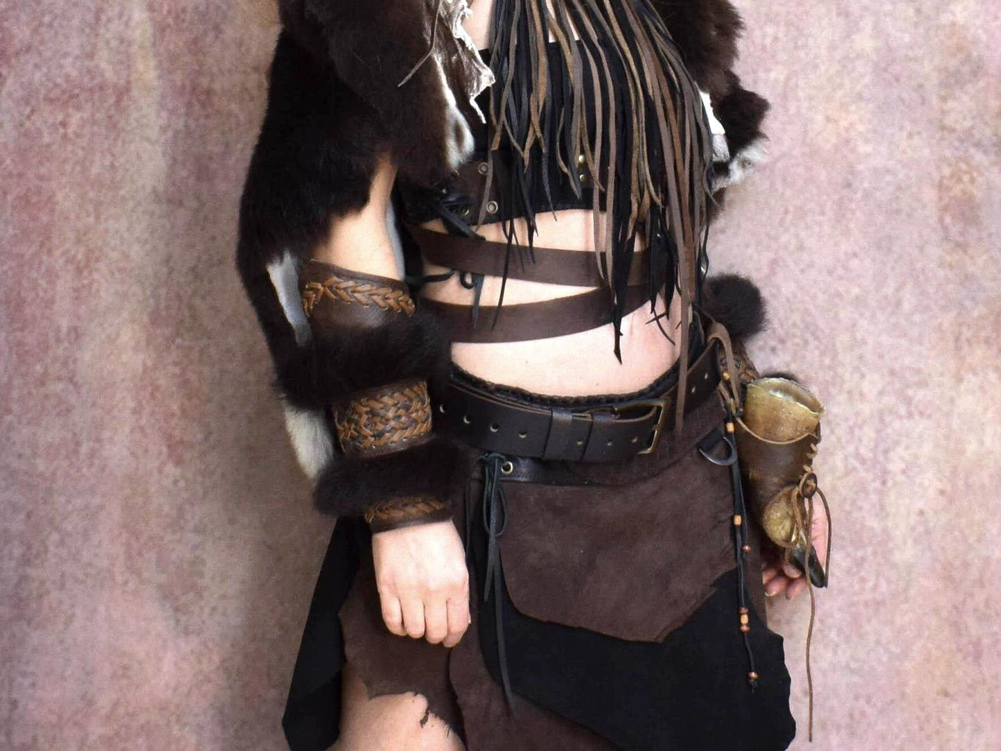 Leather Fur Viking Bracers: Medieval Arm Cuffs (Pair)