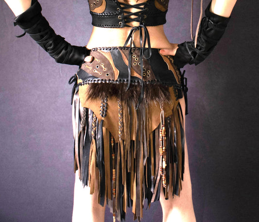 Fringed leather and fur loincloth, Amazon leather skirt
