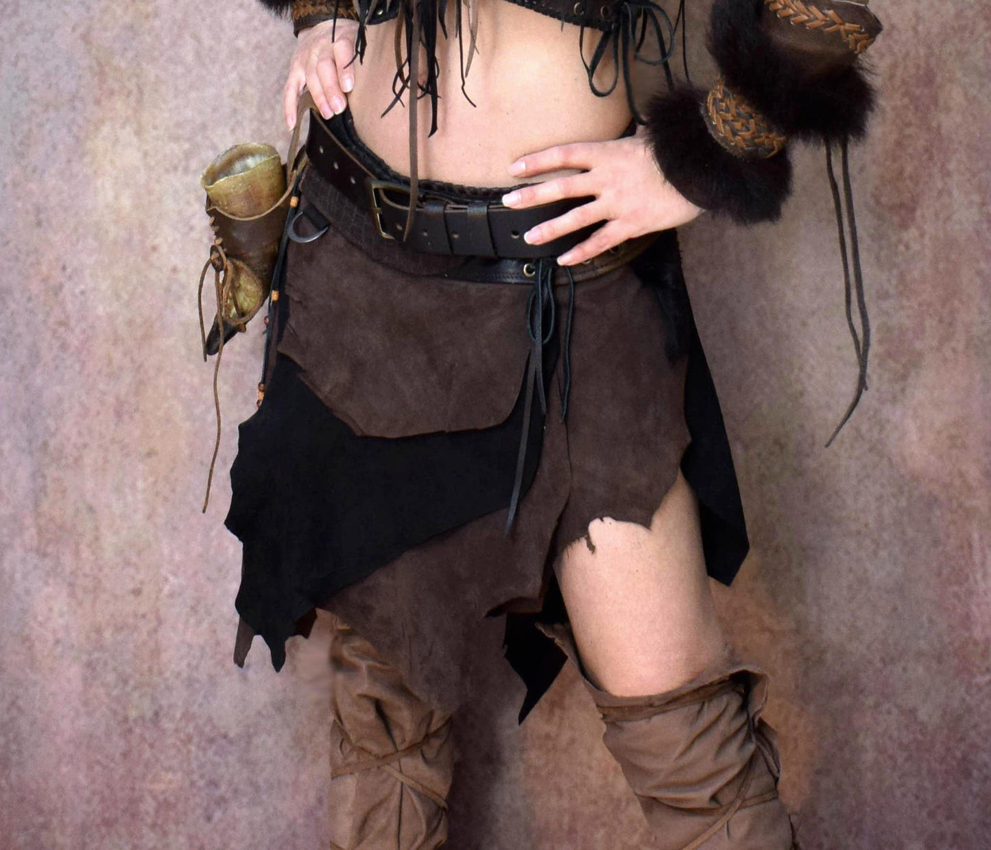 Viking leather skirt, Warrior over skirt, Woodland Fantasy fur leather skirt