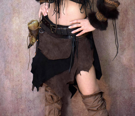 Asymmetric Viking leather skirt, Warrior over skirt, Woodland Fantasy fur leather skirt