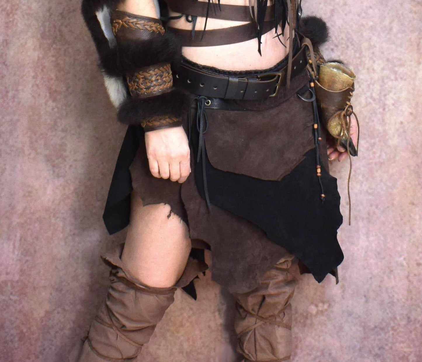 Viking leather skirt, Warrior over skirt, Woodland Fantasy fur leather skirt