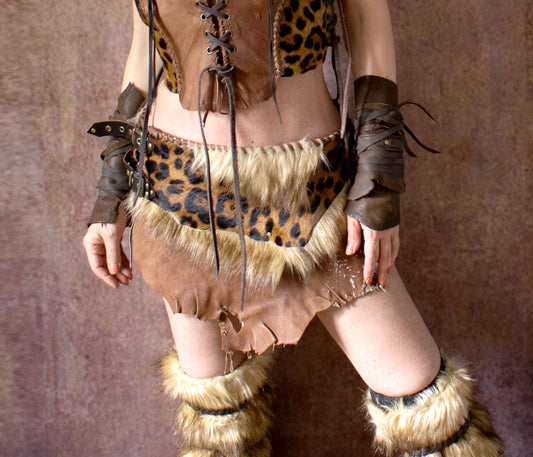 Leather primitive tiger over skirt, faux fur apocalyptical skirt