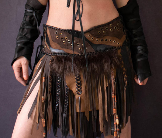 Fringed Leather & Fur Loincloth: Festival Cosplay Skirt in layers