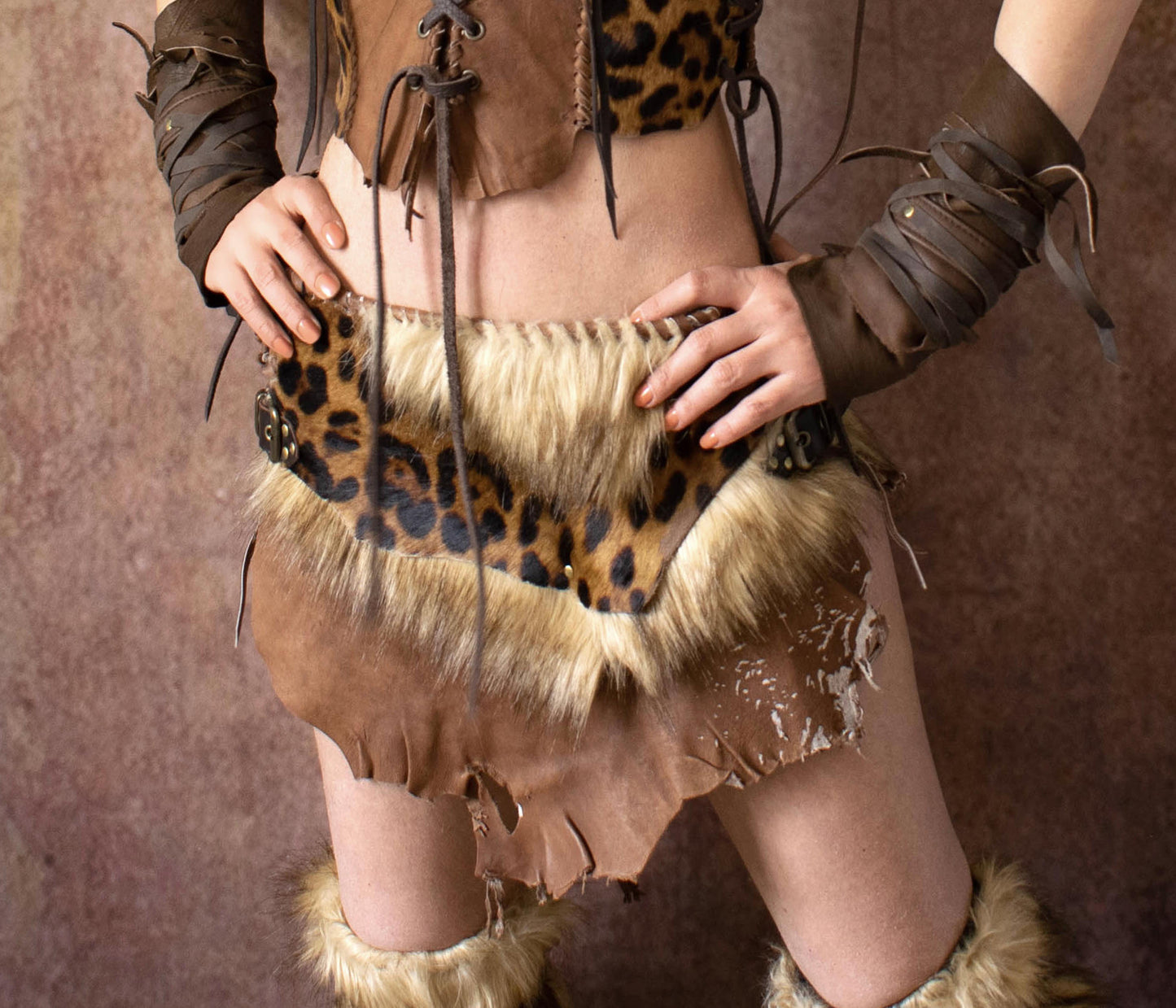 Leather primitive tiger over skirt, faux fur apocalyptical skirt