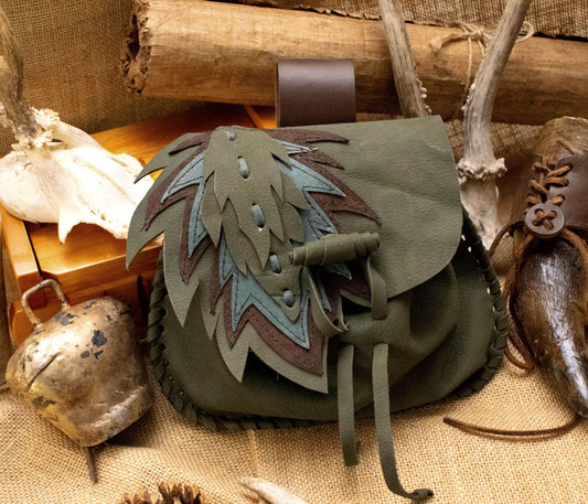 Soft Forest leaves leather pouch, green belt pouch, Druid costume belt bag