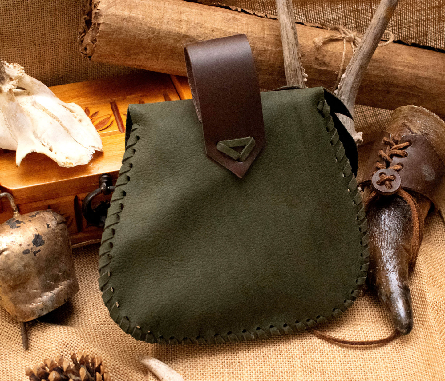 Soft Forest leaves leather pouch, green belt pouch, Druid costume belt bag