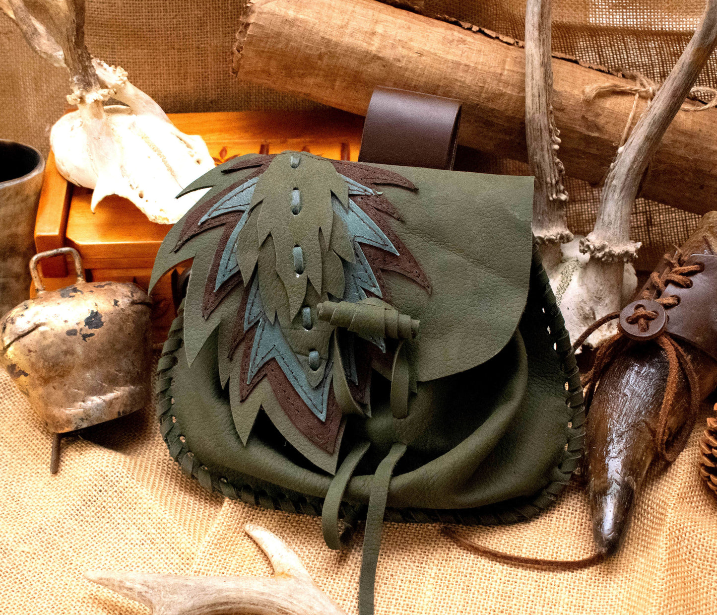 Soft Forest leaves leather pouch, green belt pouch, Druid costume belt bag