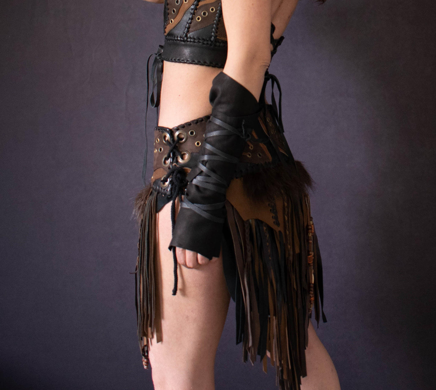 Fringed leather and fur loincloth, Amazon leather skirt