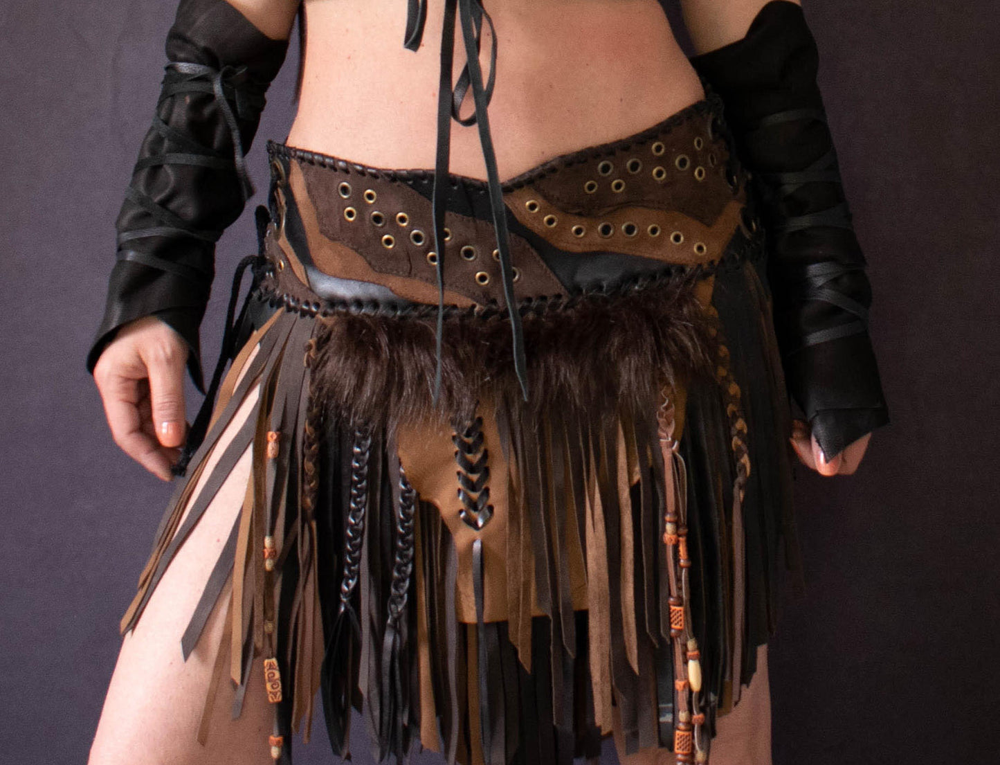 Fringed leather and fur loincloth, Amazon leather skirt