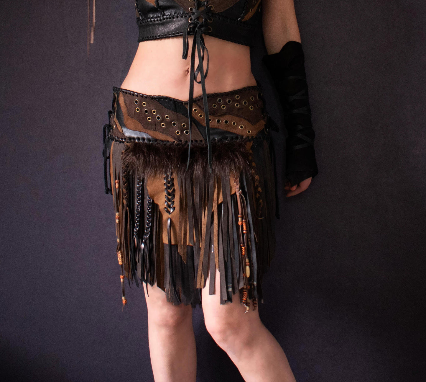 Fringed leather and fur loincloth, Amazon leather skirt