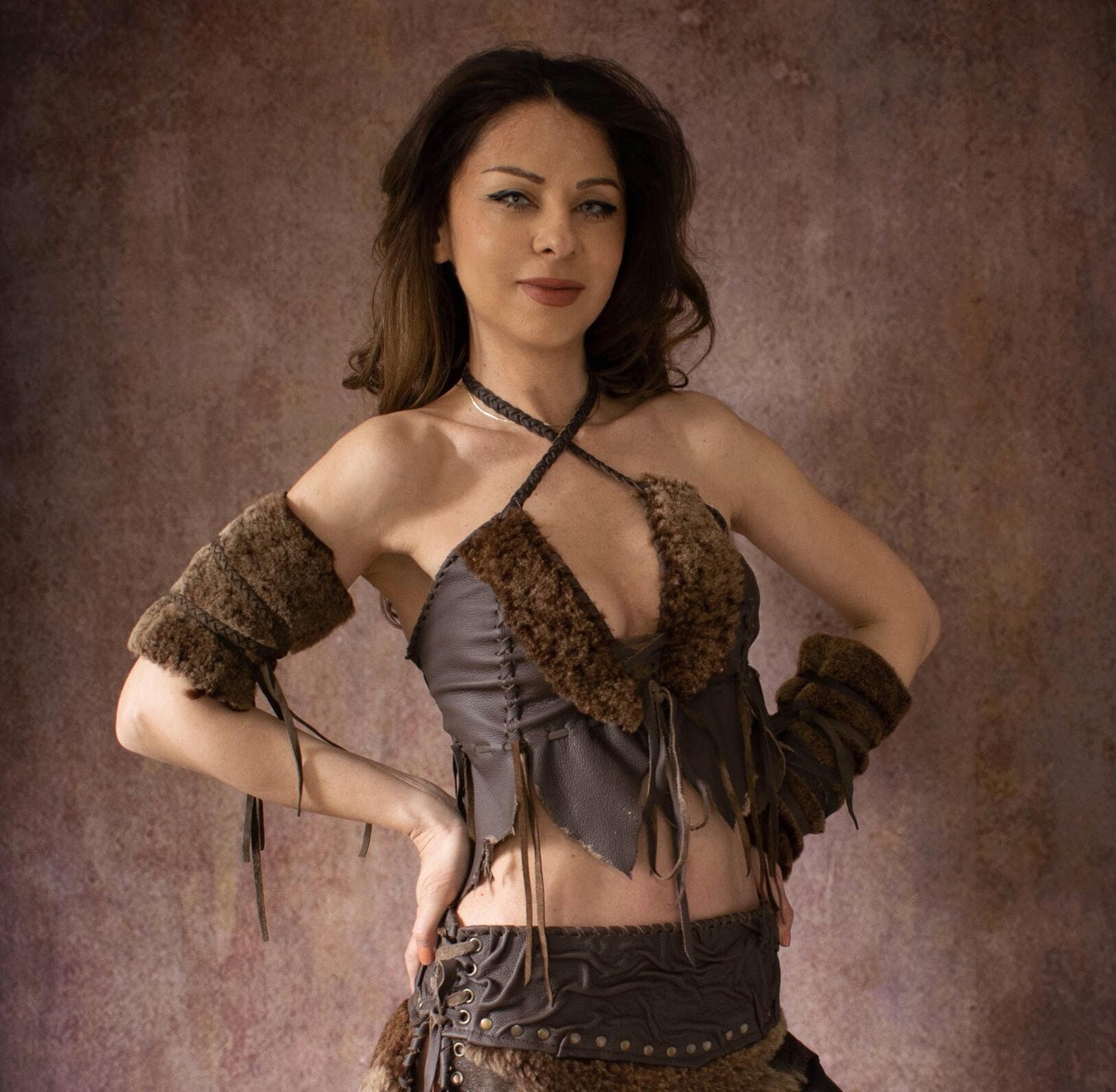 Gladiator leather crop top, natural fur Tribal halter, Primitive, barbaric top